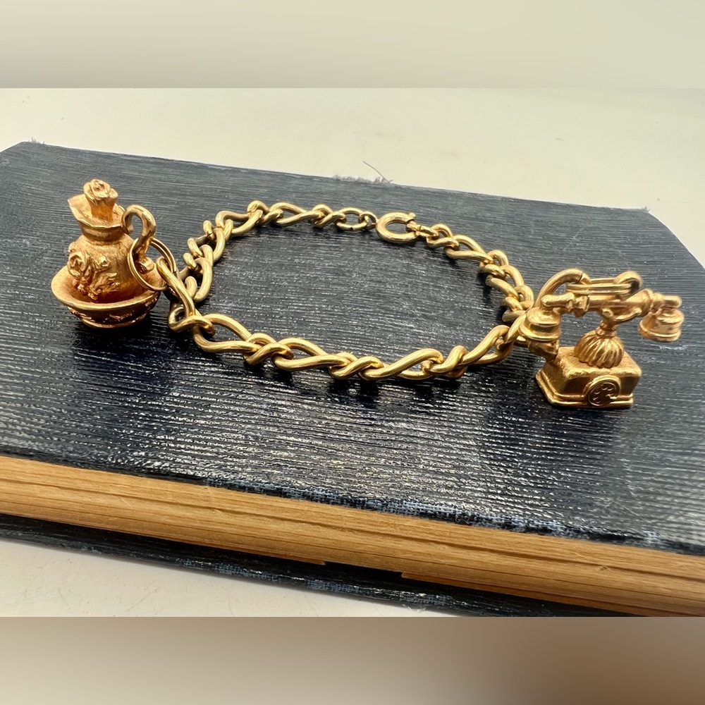 Vintage AVON gold tone charm bracelet pitcher telephone 7”